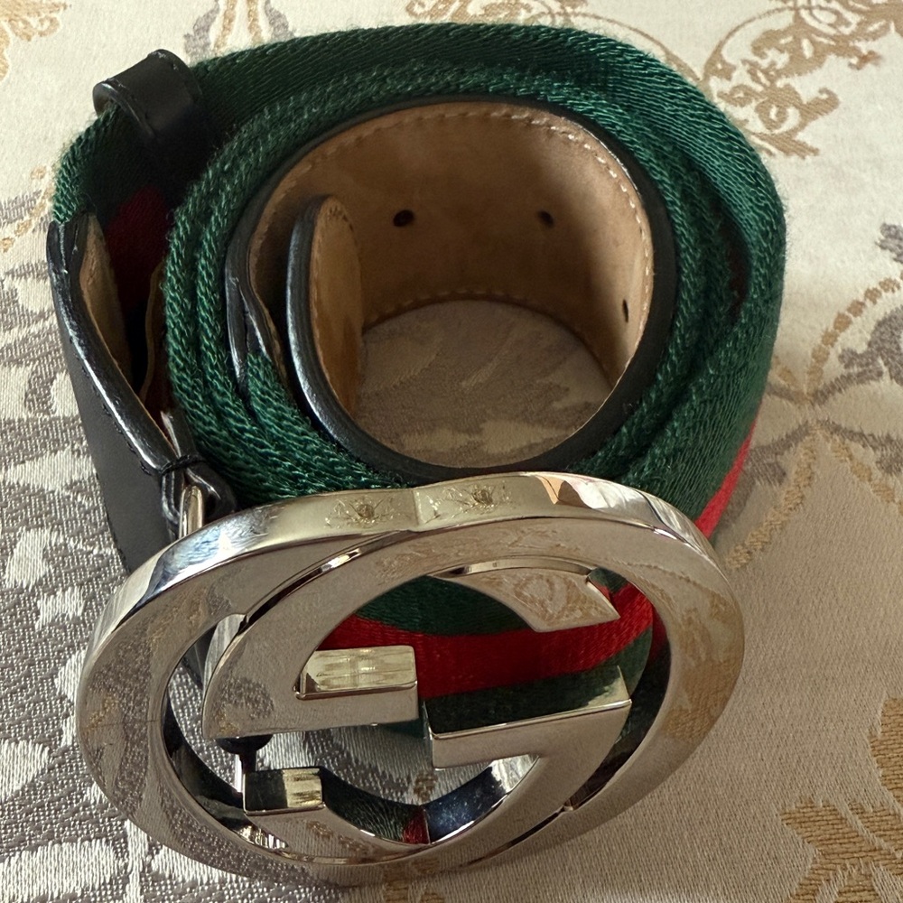 Gucci Green and Red Belt with Silver Buckle
